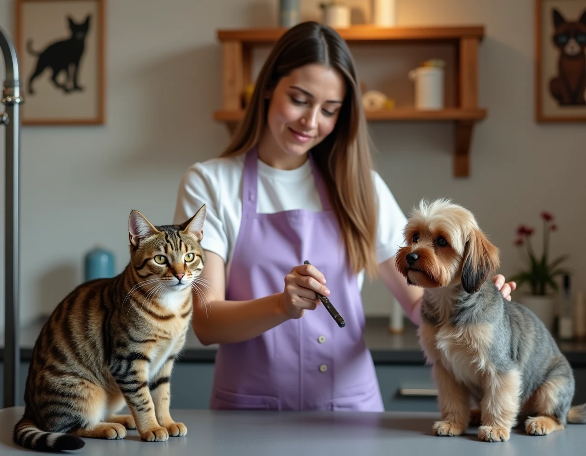 Toiletteuse de Toutous et Matous à Rouen s'occupant d'un chat et d'un chien dans un salon mixte