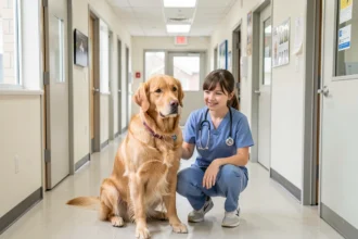 Un chien et une soigneuse dans un couloir de clinique vétérinaire
