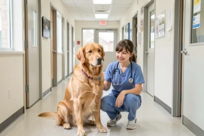 Un chien et une soigneuse dans un couloir de clinique vétérinaire