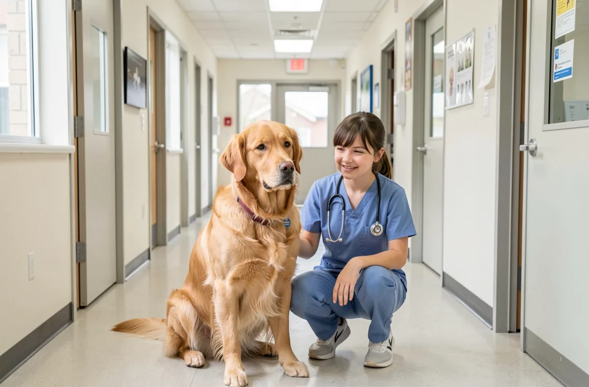 Un chien et une soigneuse dans un couloir de clinique vétérinaire