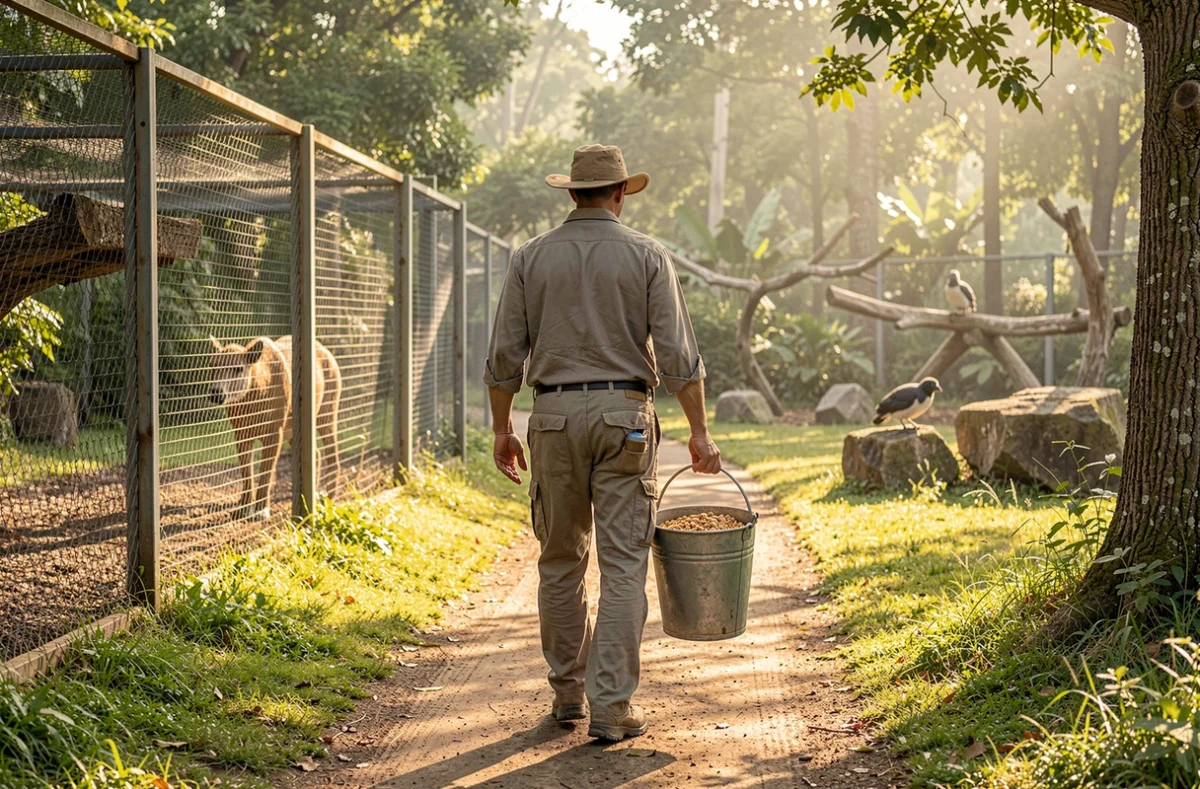 Un soigneur de parc zoologique apporte la nourriture aux animaux