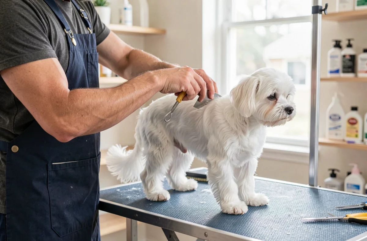 Un toiletteur coupe le poil d'un petit chien en salon