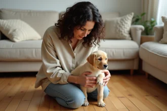 Femme examinant attentivement un chiot Labrador doré dans un salon chaleureux en Gironde