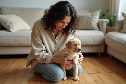 Femme examinant attentivement un chiot Labrador doré dans un salon chaleureux en Gironde