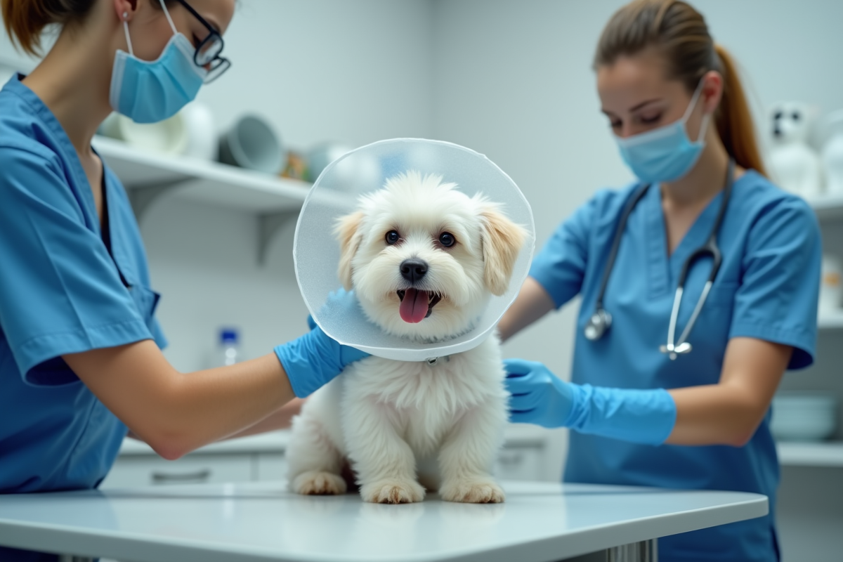 Vétérinaire ajustant un collier de protection à un petit chien blanc