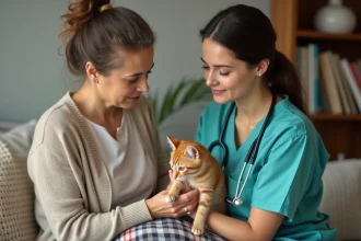 Vétérinaire examinant un chat ginger dans un salon chaleureux
