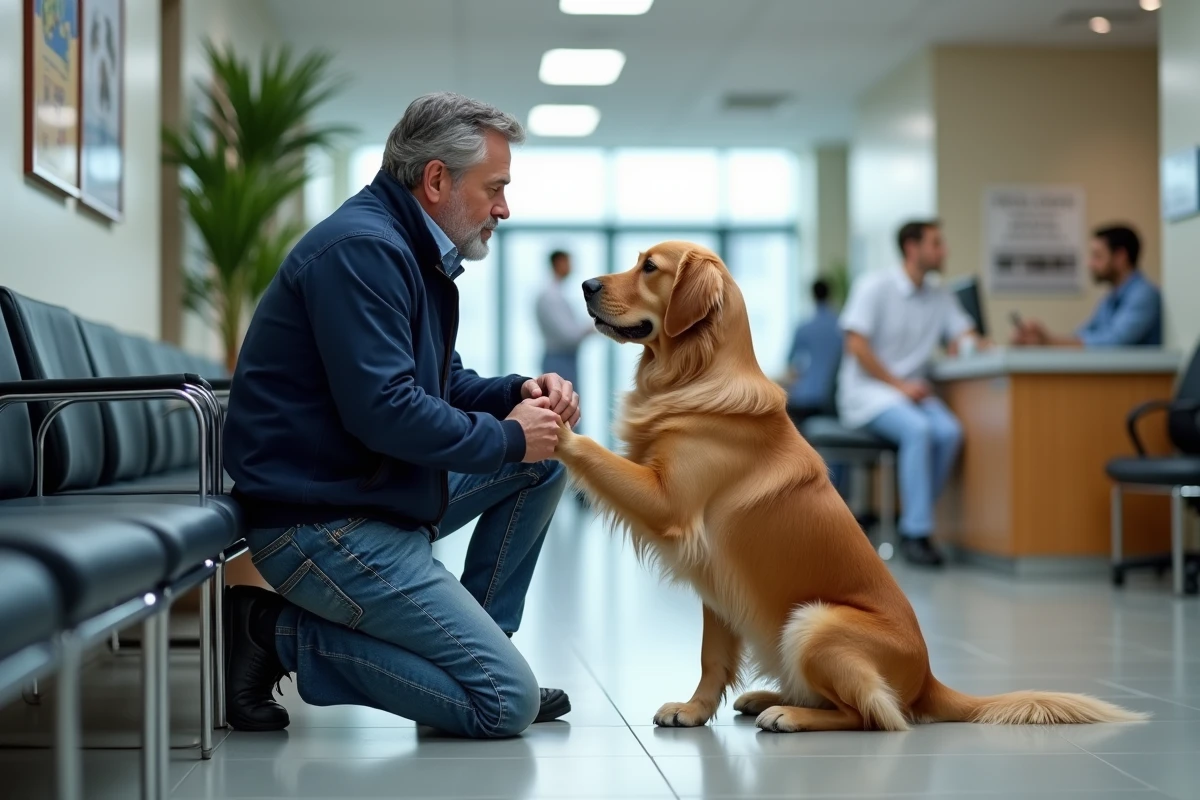 Homme avec son chien golden retriever dans une clinique vétérinaire