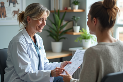 Vétérinaire français discutant avec une propriétaire