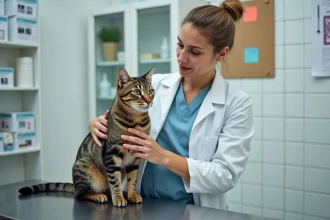 Vétérinaire expliquant la contraception pour chat à la propriétaire lors d'une consultation en clinique vétérinaire