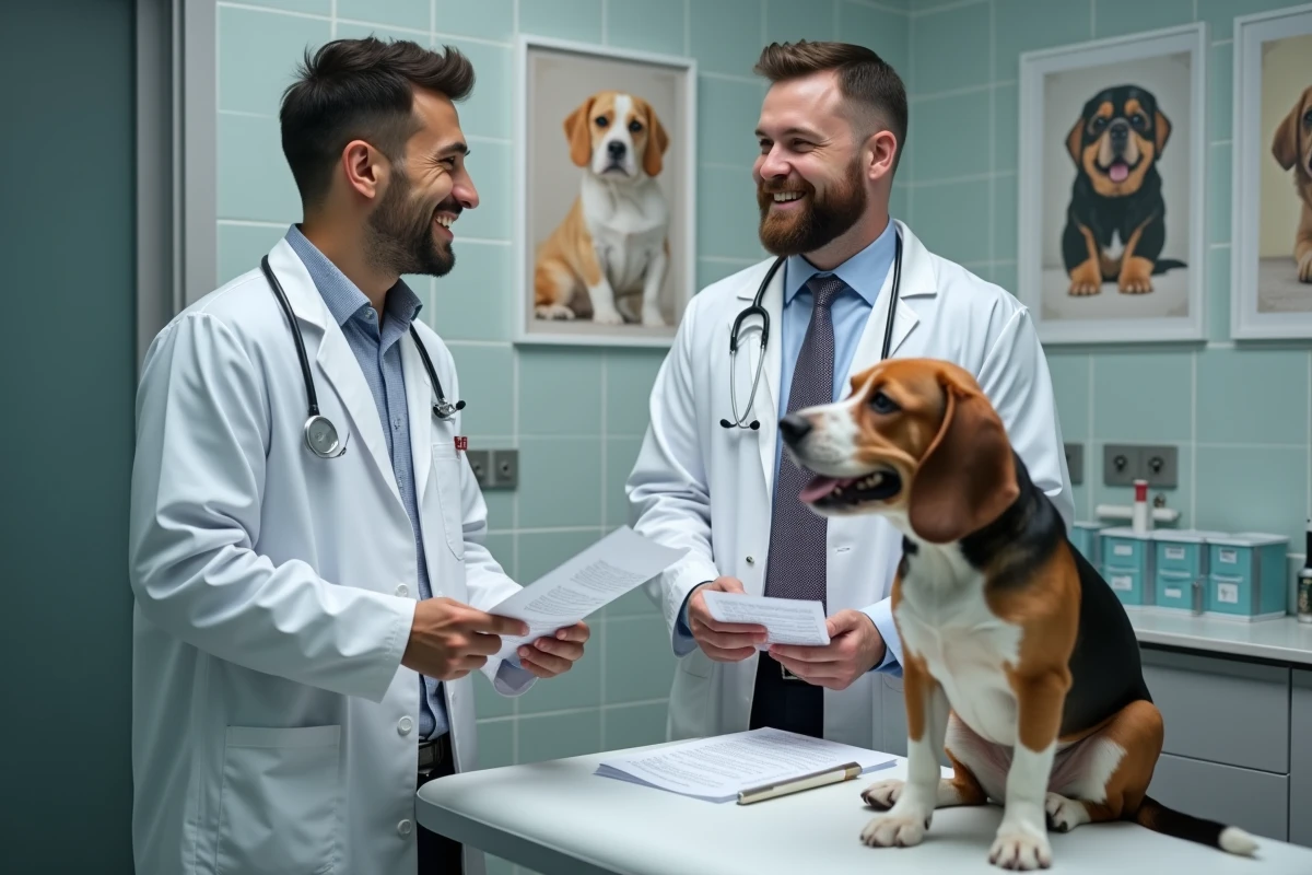 V&eacute;t&eacute;rinaire et client discutant avec un chien en clinique