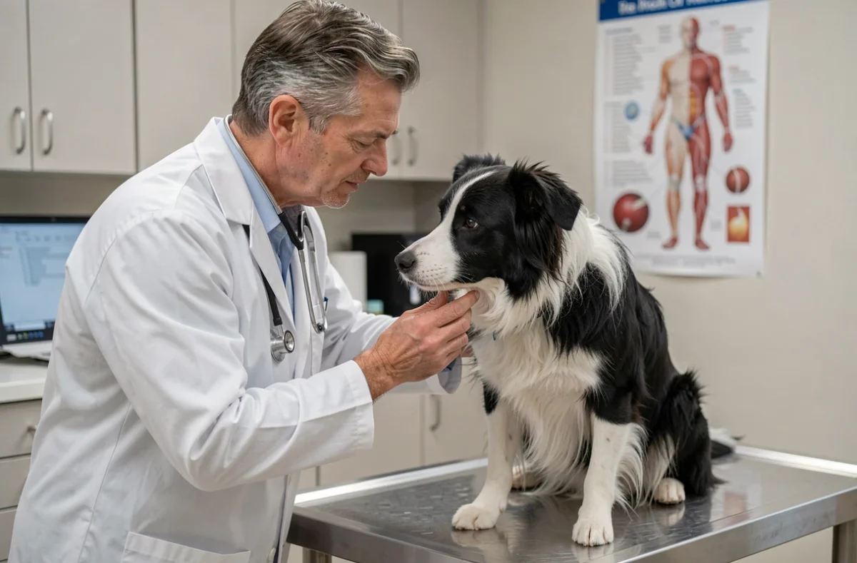 Vétérinaire examinant un Border Collie en clinique, symbolisant l'importance d'une mutuelle santé pour chien de sport