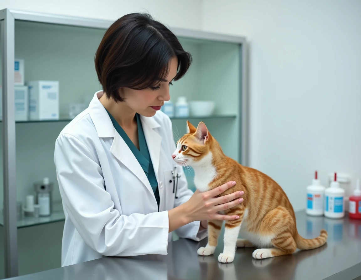 Vétérinaire examinant un chat errant blessé en clinique vétérinaire avec des médicaments en arrière-plan