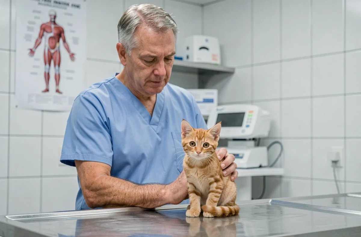 Vétérinaire examinant un chaton roux recueilli lors d'un bilan de santé en clinique vétérinaire