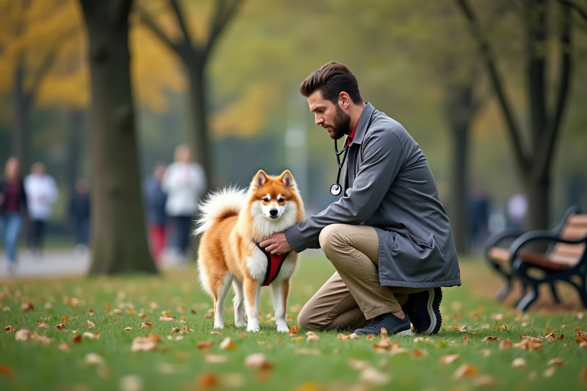 Vétérinaire examine un Pomsky dans un parc urbain
