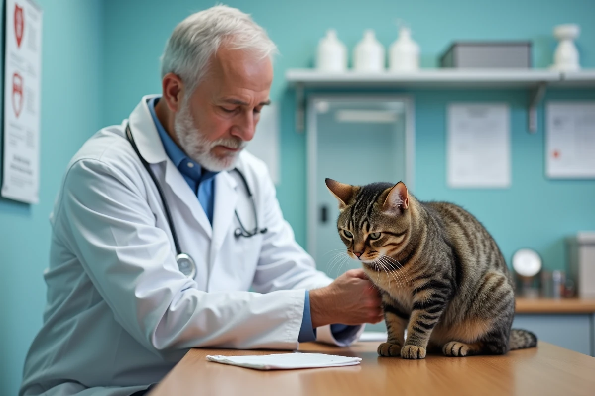 Vétérinaire examinant un chat tacheté dans une clinique