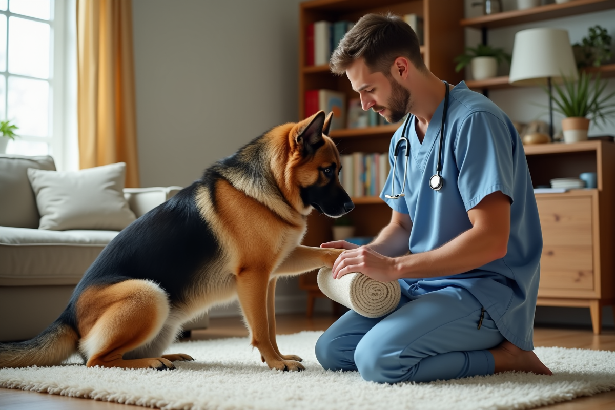 Vétérinaire examinant un chien dans un salon lumineux