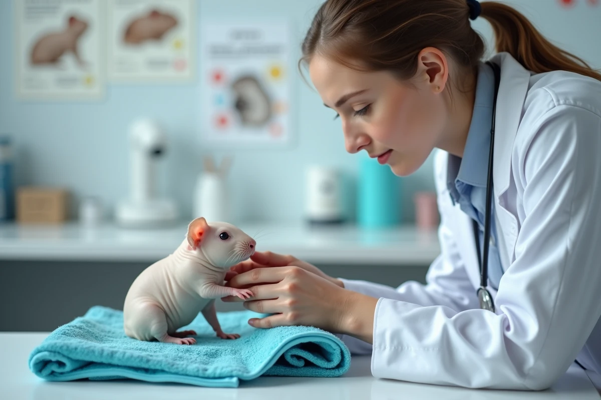 Vétérinaire examinant un cochon d'Inde nu dans une clinique