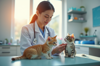 Jeune veterinaire examine un chaton dans une clinique lumineuse