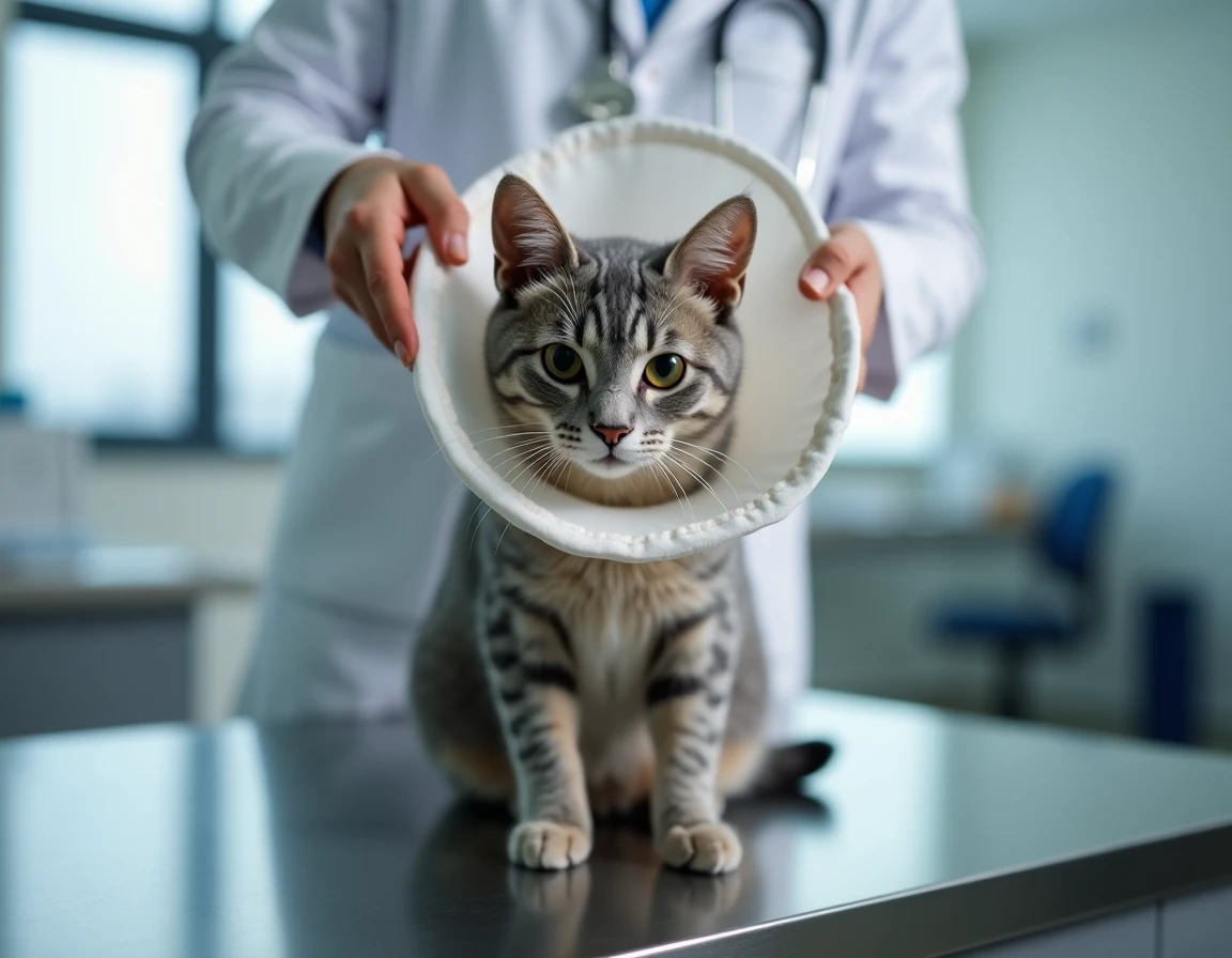 Vétérinaire posant une collerette rembourrée sur un chat calme lors d'une consultation clinique