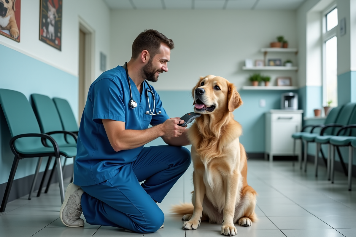 Vétérinaire utilisant un scanner microchip sur un chien