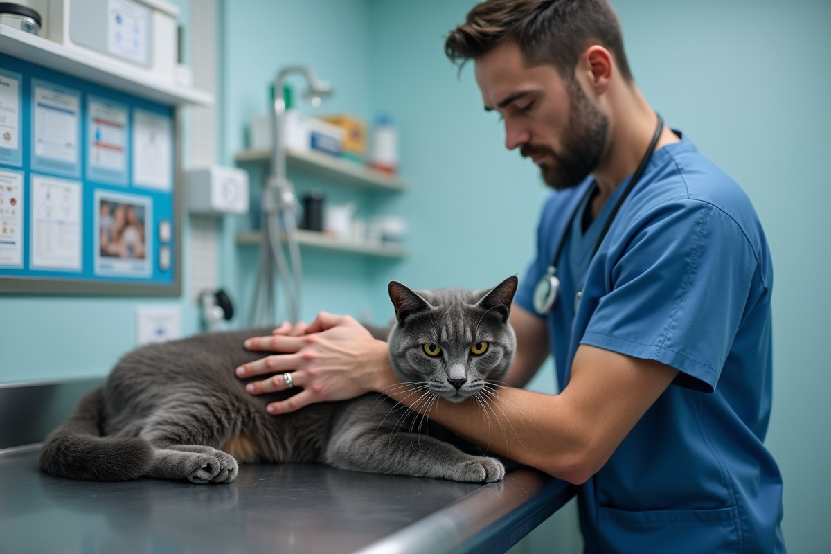 Vétérinaire en blouse bleue palpant un chat âgé en clinique