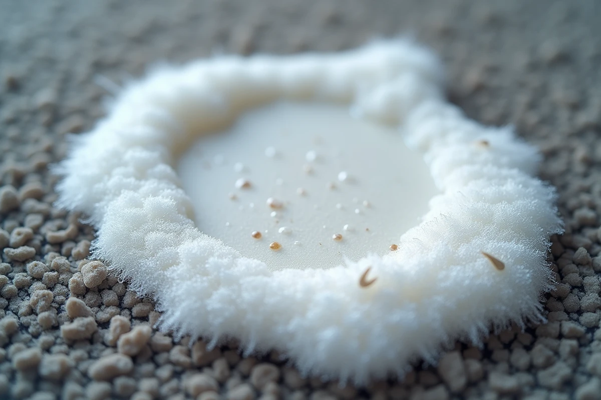Gros plan de vomissure blanche et mousseuse de chat sur un tapis gris, texture de mousse d&eacute;taill&eacute;e avec poils visibles