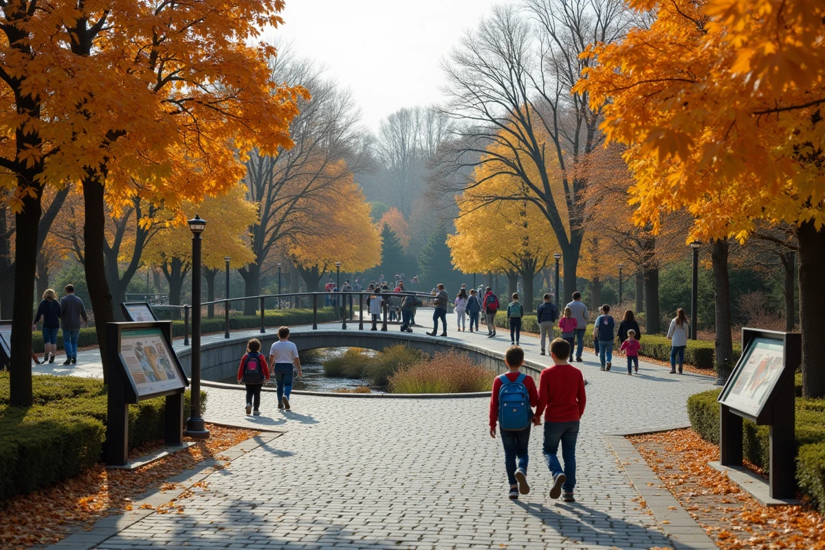 Vue générale d'un parc animalier familial à Strasbourg en automne avec des visiteurs en promenade
