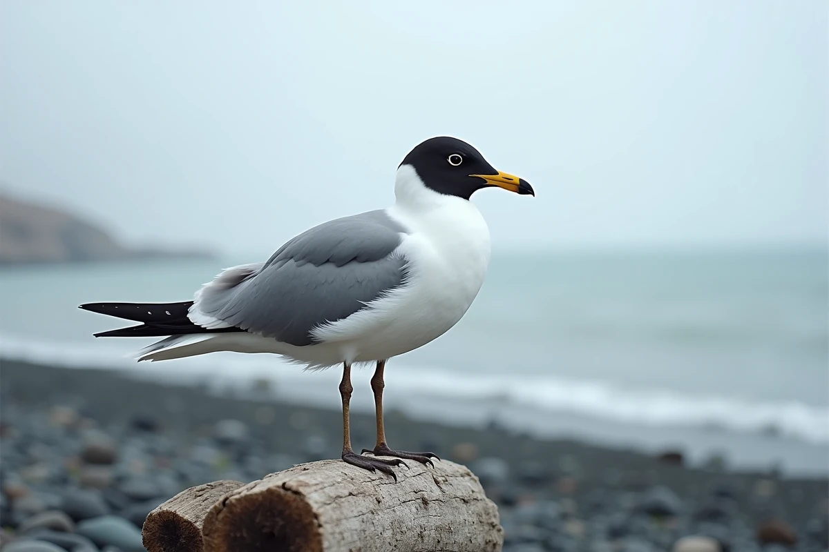Mouette de Sabine aux plumes blanches et capuchon sombre perchée sur un tronc flotté d'une plage arctique brumeuse